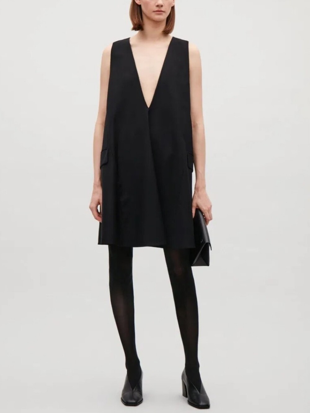 COS A-Line V-Neck Mini Dress Flap Pockets Black Size 12